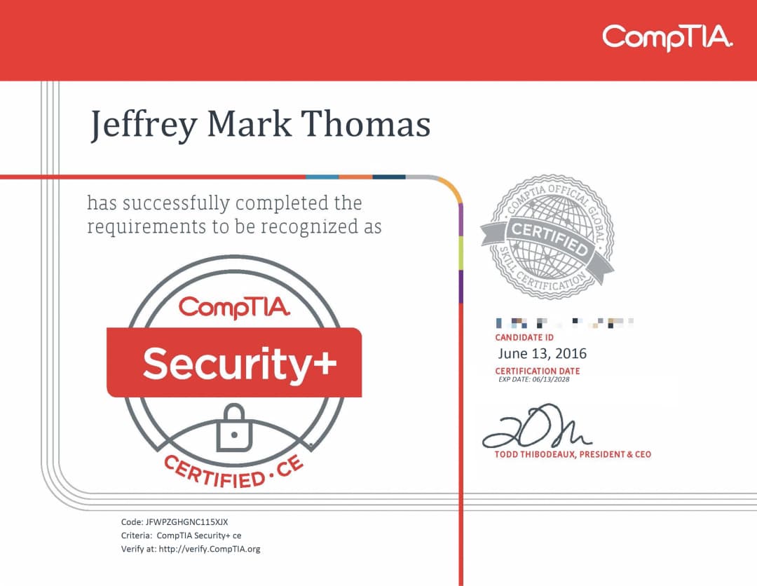 CompTIA Security+ certification awarded to Jeffrey Mark Thomas, issued on June 13, 2016, valid through June 13, 2028, with verification code JFWPZGHGNC115XJX and signed by CompTIA President & CEO Todd Thibodeaux.
