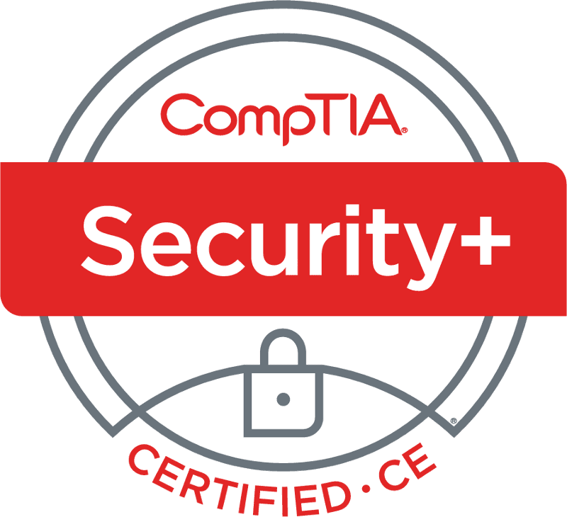 CompTIA Security+ CE logo featuring a red badge with a white lock icon in the center, the words 'CompTIA Security+' in bold white text, and 'CERTIFIED: CE' written below, indicating continuing education certification.