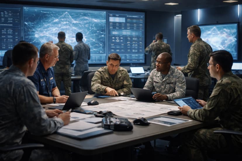 Joint operations center with multinational staff coordinating plans around shared displays, illustrating command and control and task organization.
