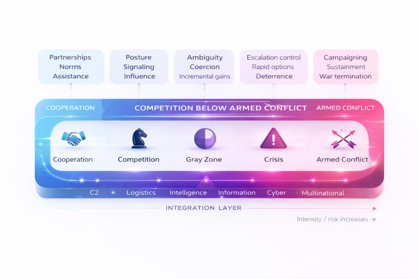 Infographic showing the competition continuum from cooperation through competition below armed conflict to armed conflict, with an integration layer of C2, logistics, intelligence, information, cyber, and multinational factors.