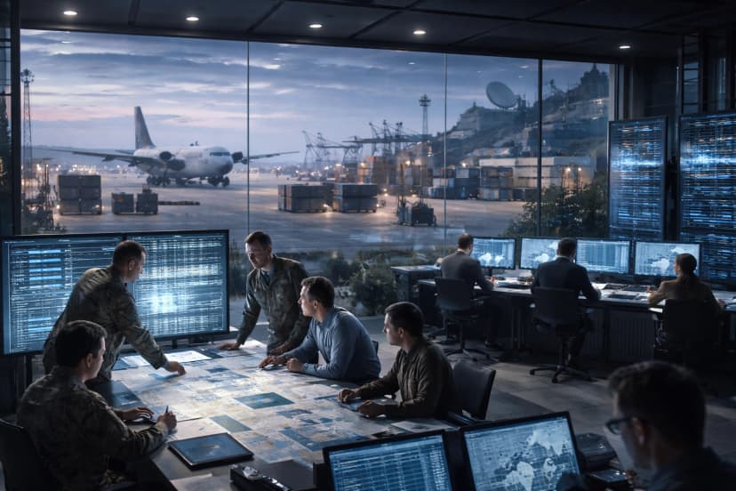 Joint planners coordinating operations with logistics, intelligence, and communications systems in the background, illustrating enabling functions.