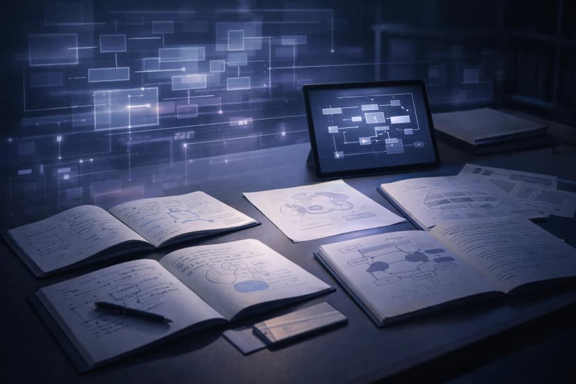 > Study workspace with conceptual diagrams and frameworks, illustrating key concepts and structured understanding.