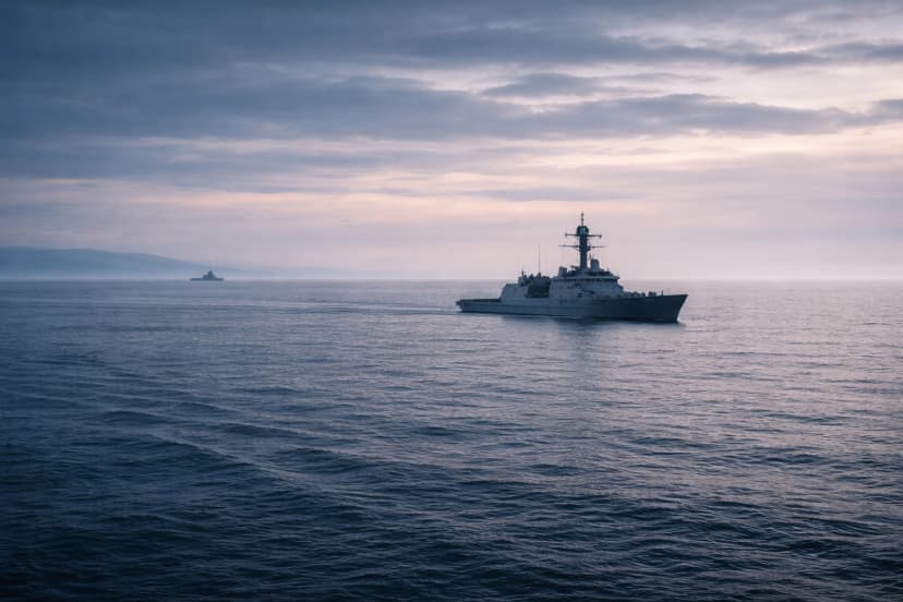 Naval surface combatant operating deliberately at sea, conveying maritime control, endurance, and freedom of maneuver.