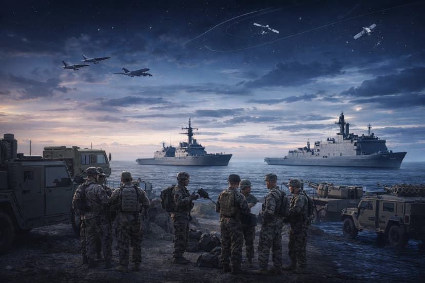 Joint forces operating across land, sea, air, and space, illustrating integrated Service capabilities in a unified operational system.