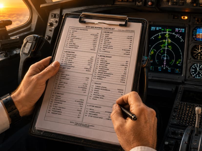 Close-up of a cockpit checklist on a clipboard.