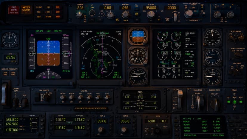 Close-up of labeled cockpit instruments and dials.