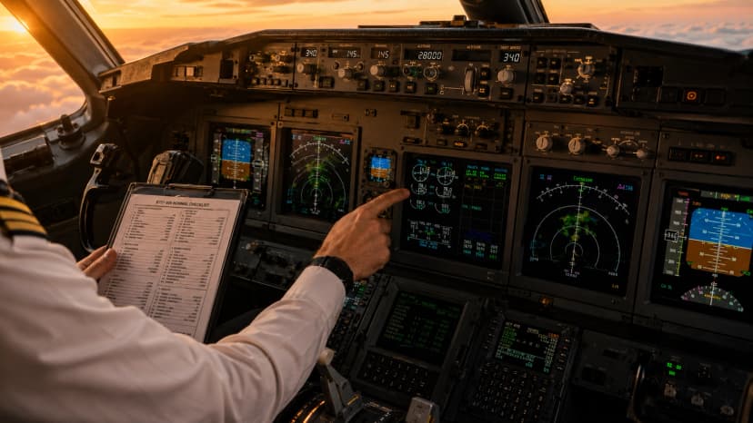 Pilot checking cockpit instruments with a checklist