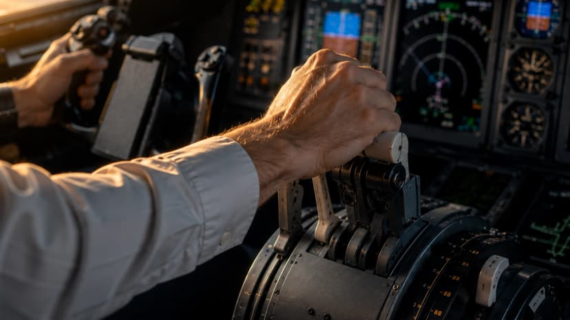 Pilot's hand adjusting the throttle in a cockpit, with flight instruments glowing in the background.