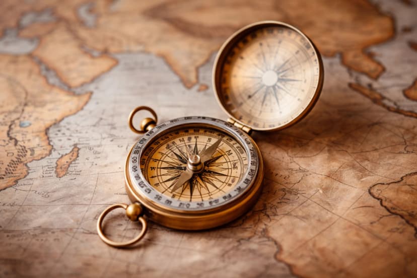 Antique brass compass resting open on a vintage world map.