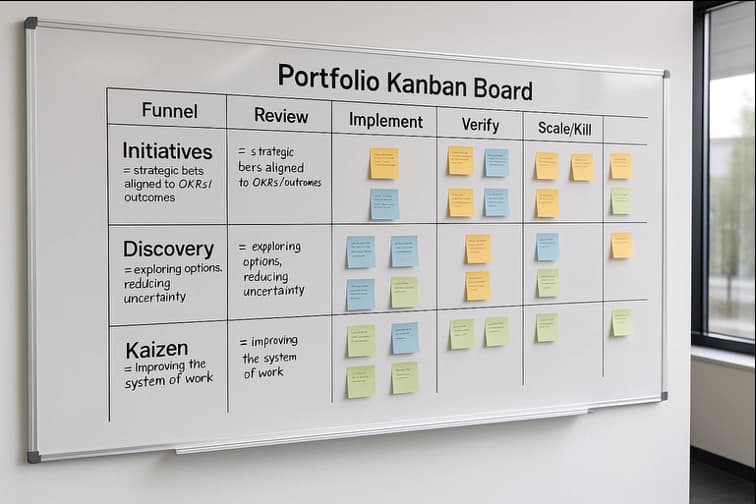 Whiteboard 'Portfolio Kanban Board' with columns (Funnel, Review, Implement, Verify, Scale/Kill) and rows (Initiatives, Discovery, Kaizen) filled with sticky notes.