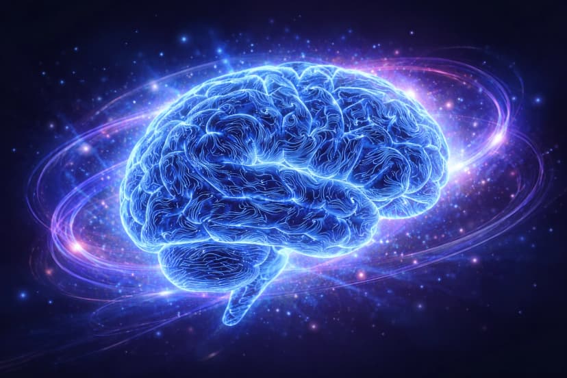 Glowing blue brain with swirling light trails on a dark, cosmic background.