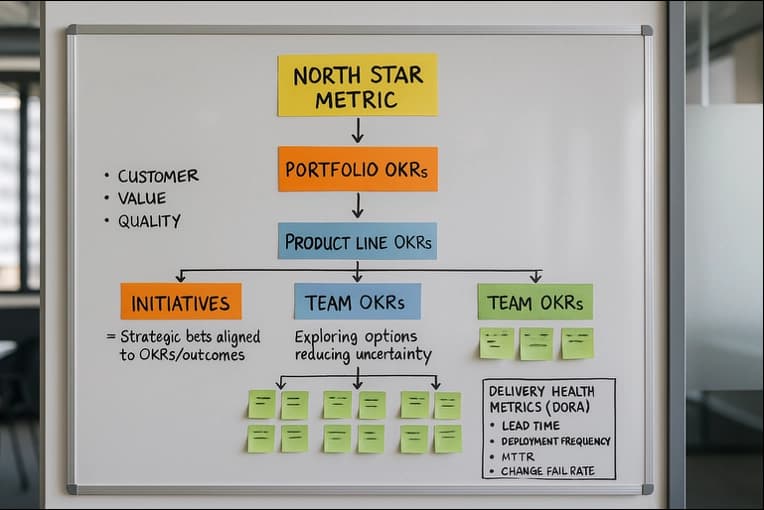 Whiteboard showing OKR alignment from a North Star metric down to portfolio, product line, and team OKRs, with initiatives and DORA metrics.