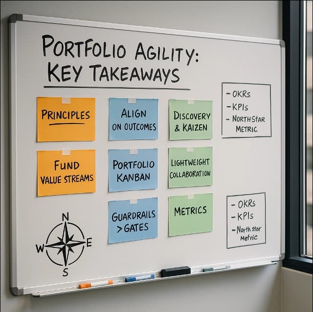 Whiteboard titled 'Portfolio Agility: Key Takeaways' with sticky-note themes like principles, outcomes, portfolio kanban, discovery/kaizen, guardrails, and metrics.