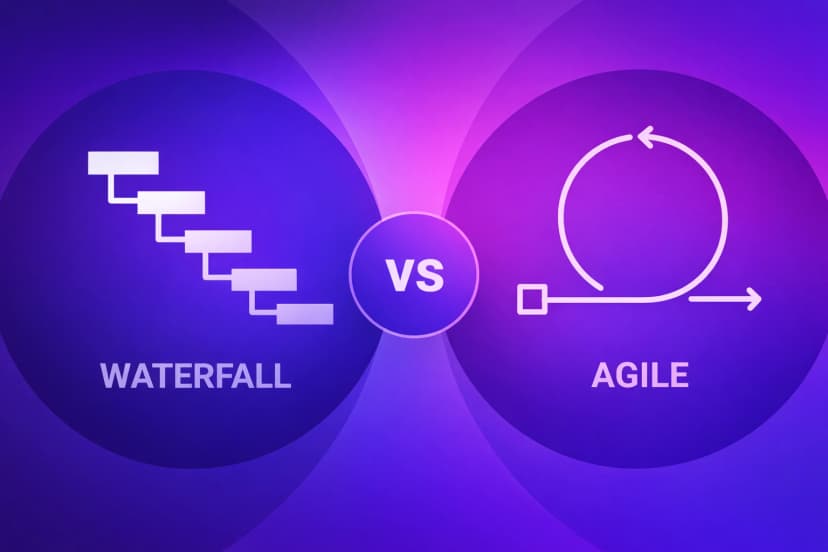 Gradient graphic comparing Waterfall vs Agile: Waterfall steps on the left, Agile loop on the right, with 'VS' in the center.