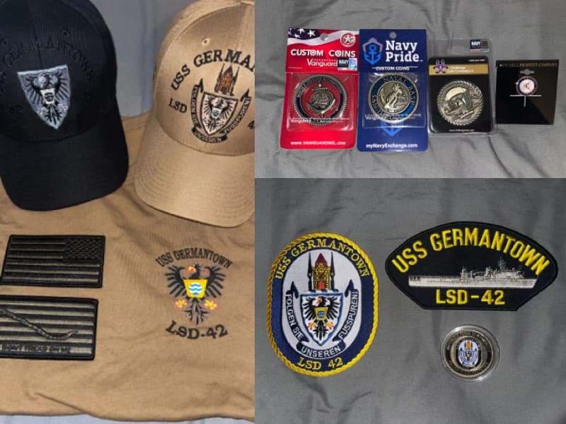 Merchandise from the ship and elsewhere like coins, patches, hats, and shirts