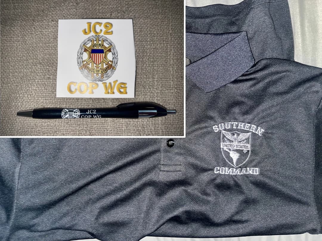 USSOUTHCOM shirt and JC2 sticker and pen
