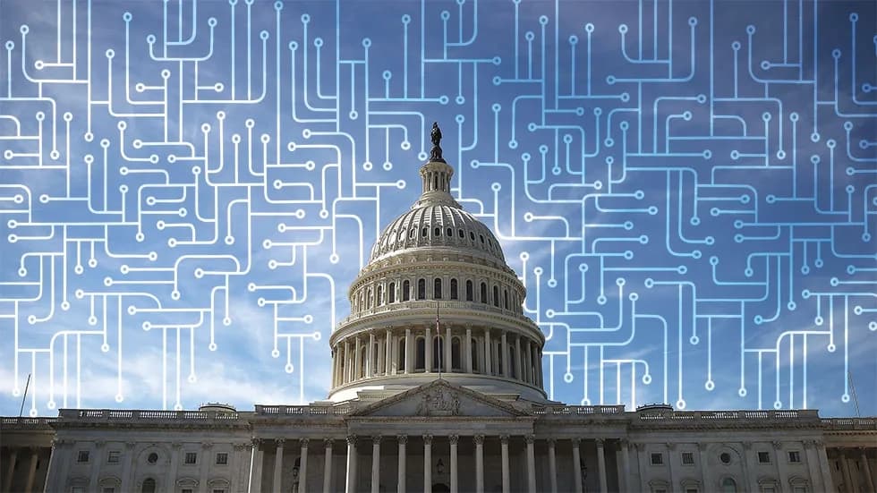 U.S. Capitol building with a digital circuit pattern overlay against a blue sky, symbolizing the intersection of government and technology.