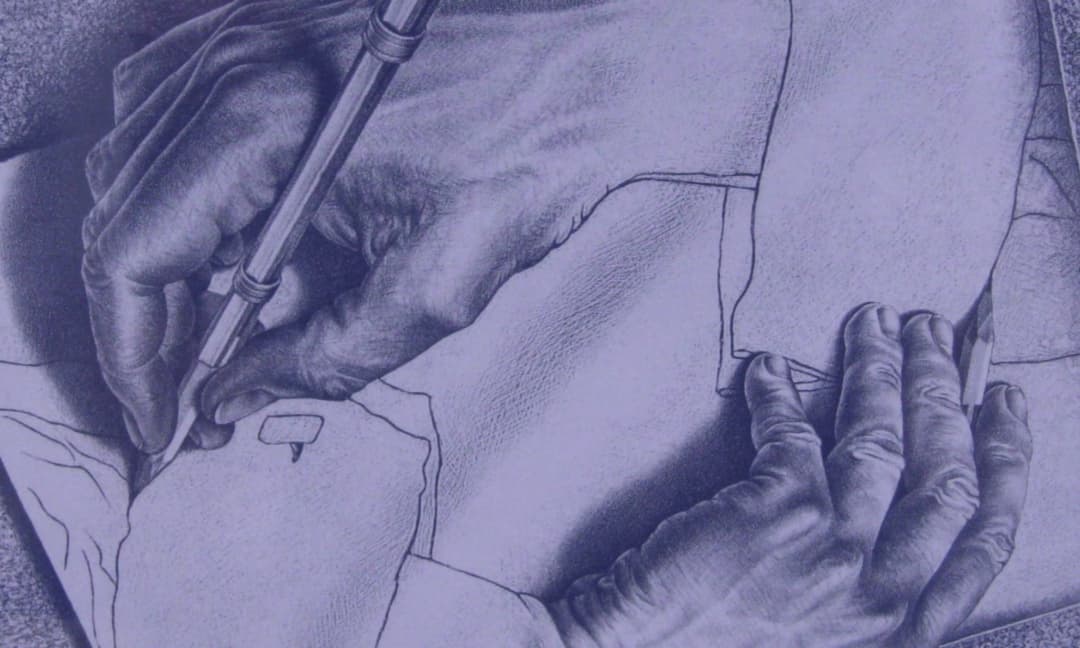 A surreal drawing of two realistic hands sketching each other—one hand holds a pencil and draws the other, while the second hand simultaneously draws the first—creating a paradoxical, self-referential loop. The image is of M.C. Escher's 'Drawing Hands.'