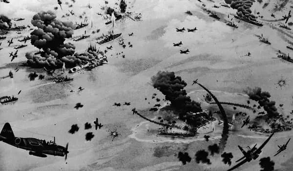 A dramatic aerial illustration of a World War II Pacific Theater battle showing U.S. Navy aircraft diving toward Japanese ships amid heavy anti-aircraft fire and black smoke. Explosions erupt on the water's surface as numerous planes engage in combat, with warships burning and scattered across the ocean below.