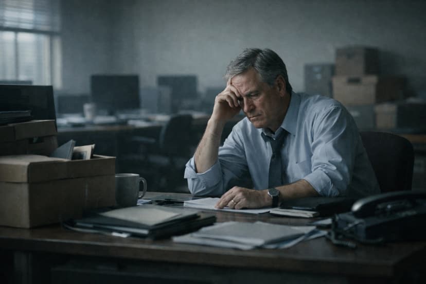 An older office worker sits alone at a desk in a dim, mostly empty office, resting his head on one hand while looking down at papers. Packed boxes, dark computer monitors, and vacant workstations in the background suggest staff departures, institutional strain, and a quiet sense of loss.