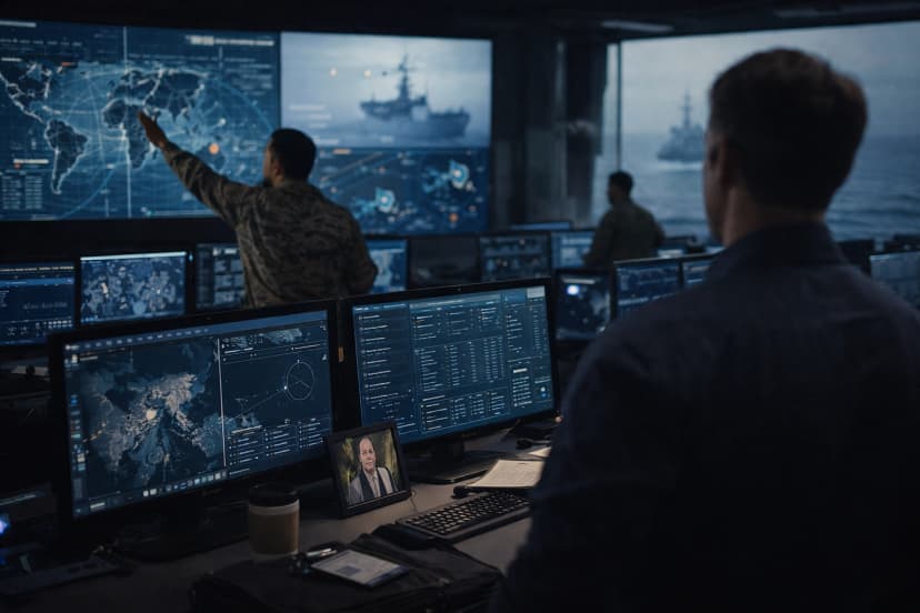 Civilian technologist observing a digital operations center where analysts work at large screens showing global maps and mission data.