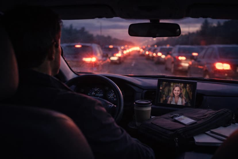 Driver sits in heavy dawn traffic, seen from behind inside the car, with a photo of his daughter on the dashboard and red brake lights stretching ahead.