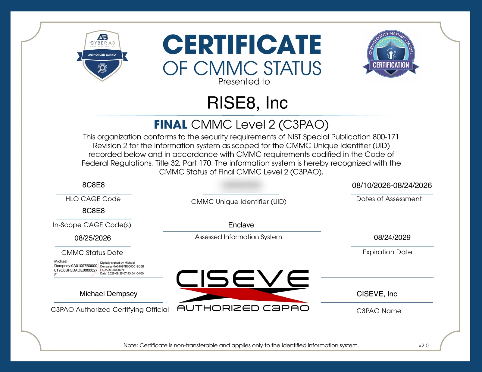 Certificate of CMMC Status awarding RISE8, Inc a Final CMMC Level 2 status, signed by Michael Dempsey of CISEVE.
