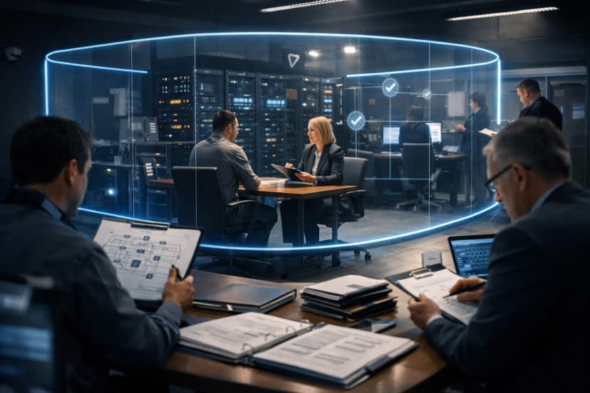 Compliance assessors review evidence inside a scoped secure contractor environment.