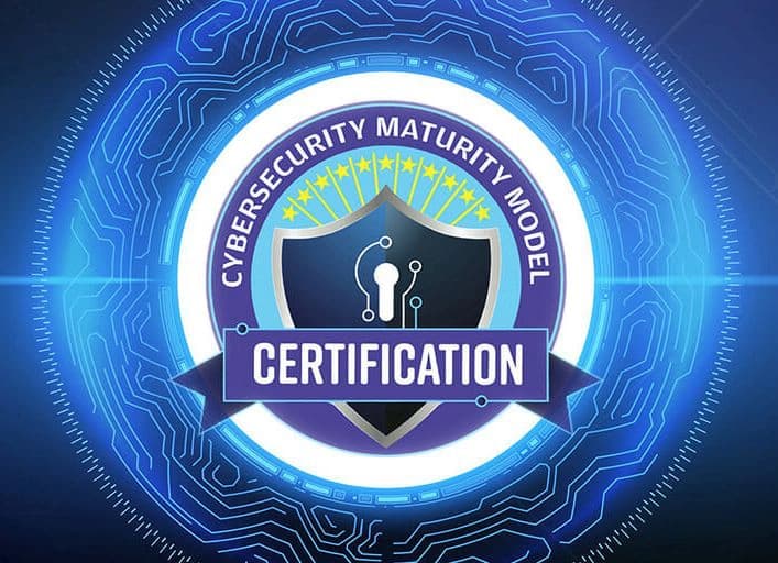 CMMC certification badge with shield emblem on a blue digital background.