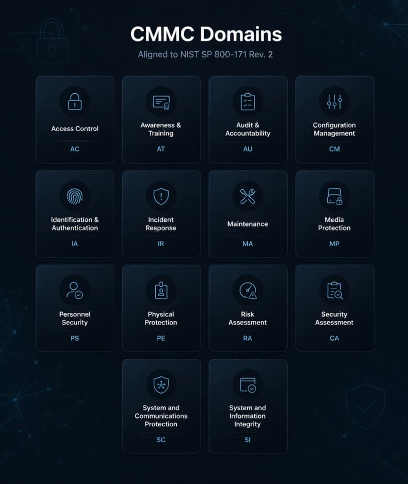 Infographic showing the CMMC domains in a grid of labeled tiles.