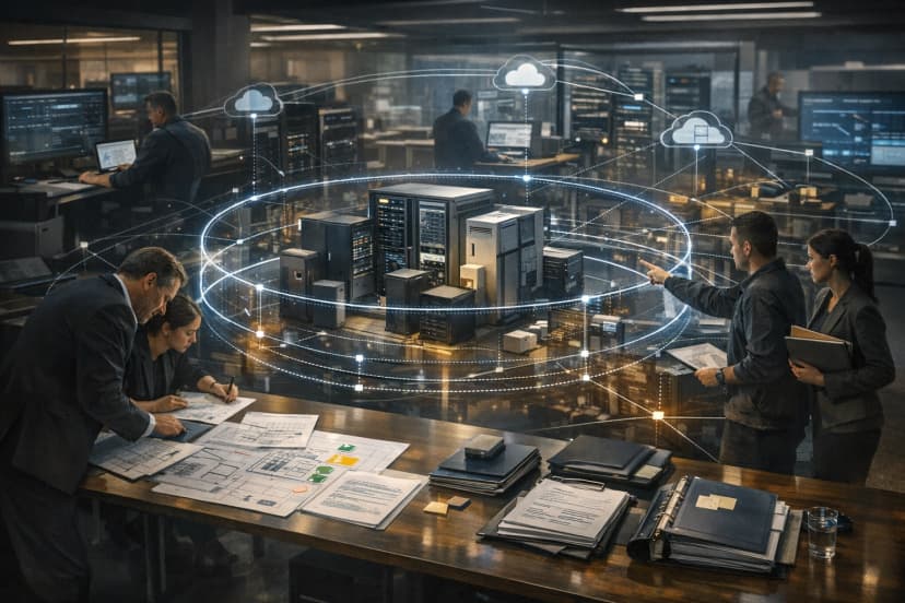Compliance team reviewing system boundaries, evidence, and connected services in a secure enterprise environment.