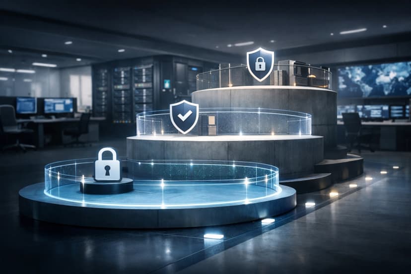 Three ascending security tiers in a modern contractor operations environment.