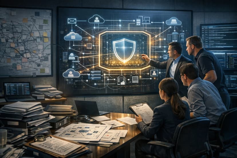 Team mapping sensitive data flows and defining the protected CMMC environment.