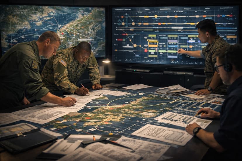 Joint staff finalizing an operations order in a command center.