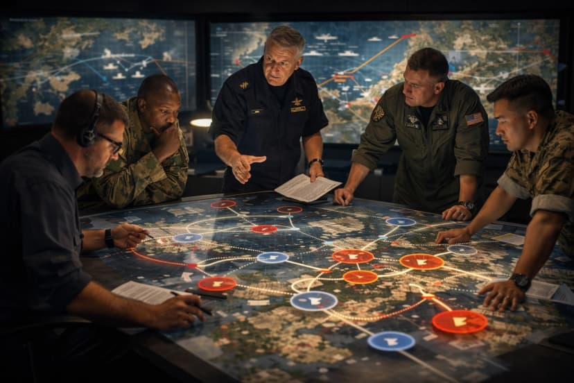 Joint planners wargaming around an illuminated operational map.