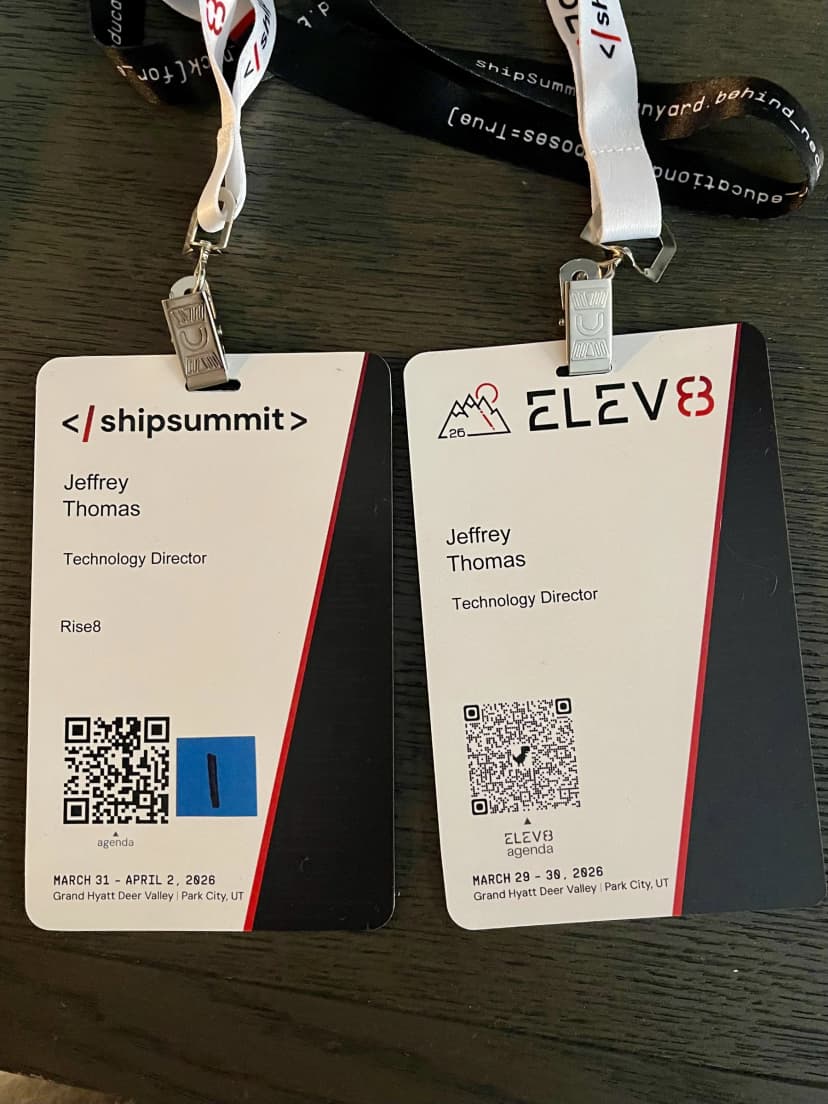 Two event badges for Jeffrey Thomas for ShipSummit and Elev8 in Park City.
