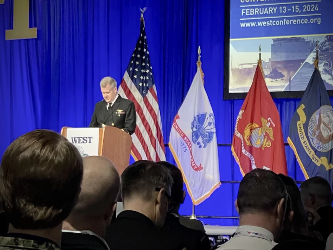 ADM Samuel J. Paparo, USN speaking at WEST 2024